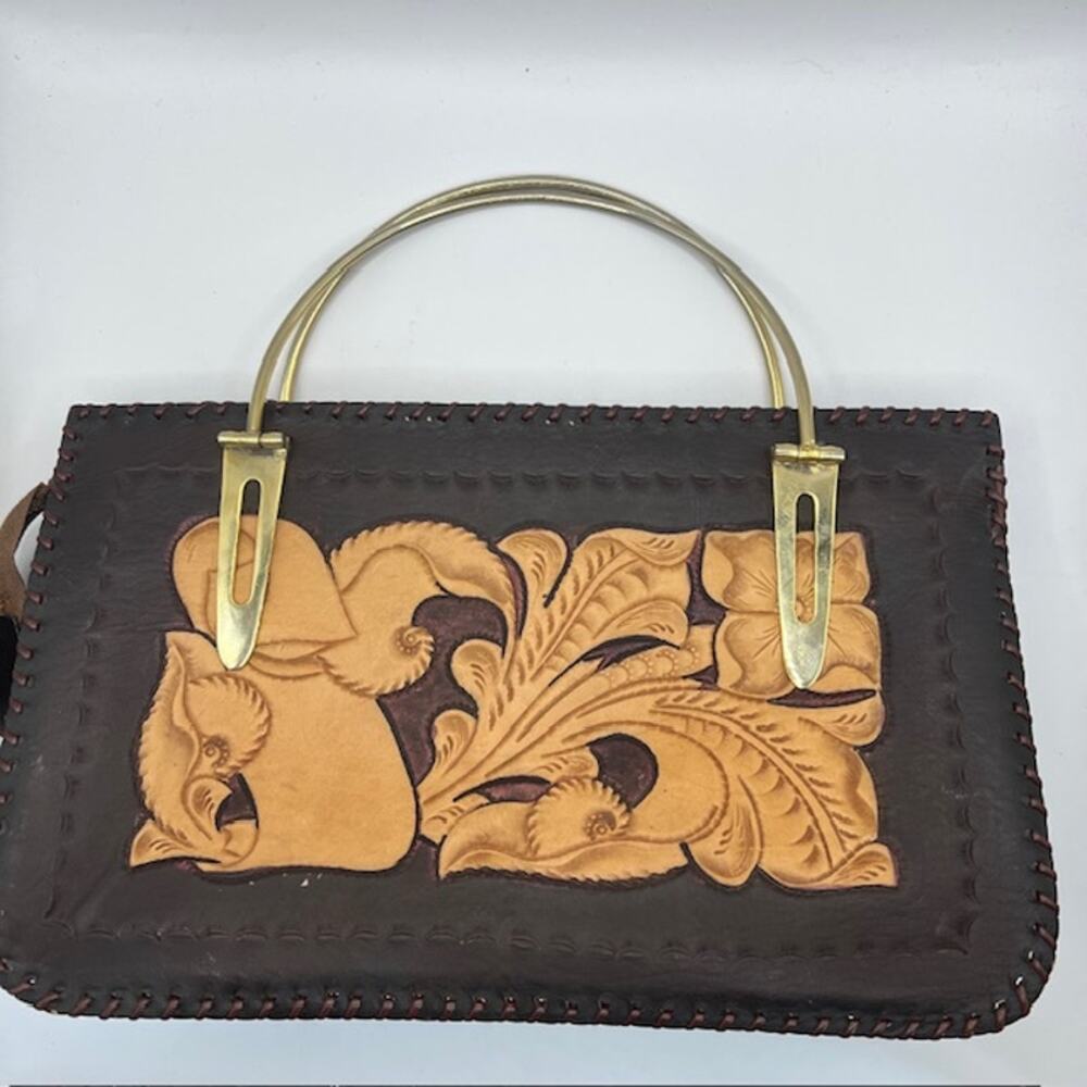 VTG Unbranded Handmade Carved Leather Purse Handbag Tan Brown Floral Gold Handle